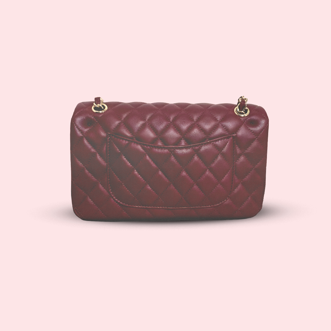 CH caviar quilted small double flap burgundy bag