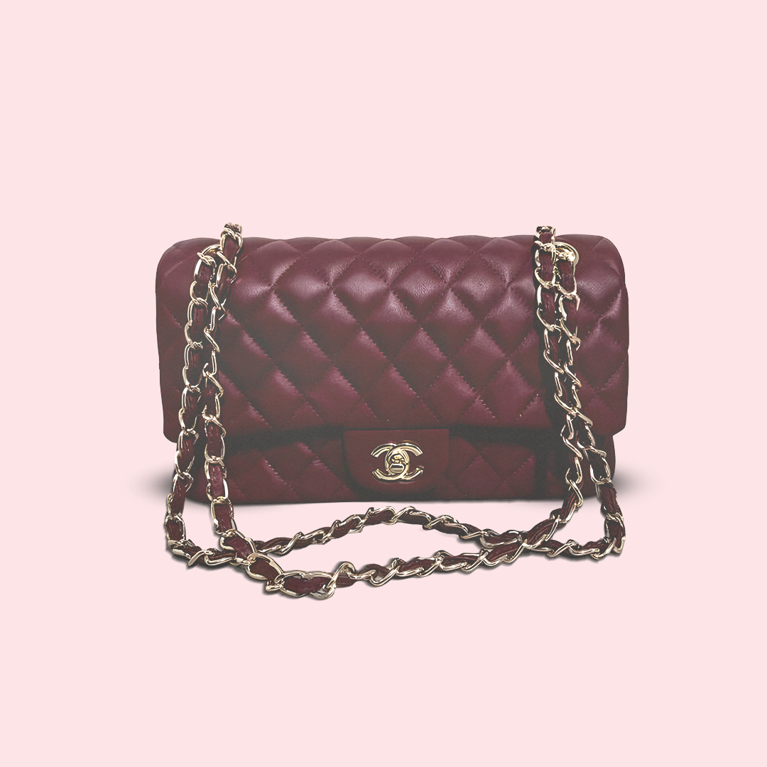 CH caviar quilted small double flap burgundy bag